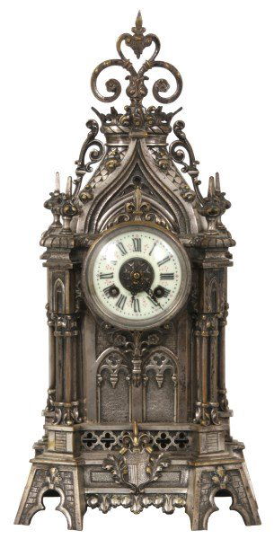 French Silvered Gothic Brass Mantle Clock (1 of 10)
