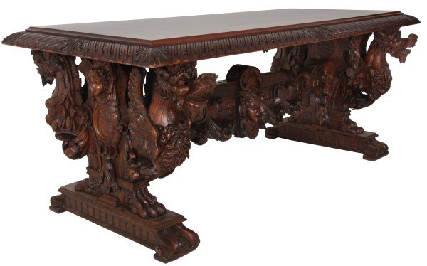 Carved Walnut Winged Griffin Trestle Table (1 of 10)