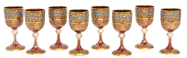 8 Enamel Decorated Cranberry Goblets (1 of 9)