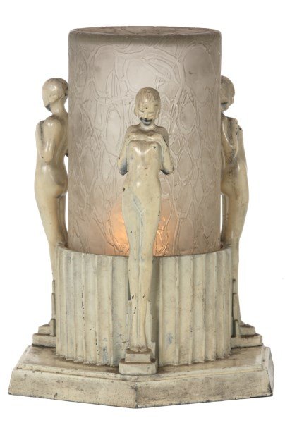 Frankart 3 Figure Table Lamp: Frankart 3 Figure Table Lamp. Hexagonal base with 3 standing deco nude figures, has a fluted center plinth with a 5 in. dia. clear frosted glass cylindrical shade with textured exterior. Base has an o
