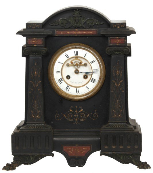Palmer Bachelder & Co. Marble Mantle Clock: Palmer Bachelder & Co. Marble Mantle Clock. 4.5 in. inset porcelain dial signed "Palmer Bachelder & Co., Boston" with black Roman hour numerals, blued hands, exposed Brocot escapement having jeweled p