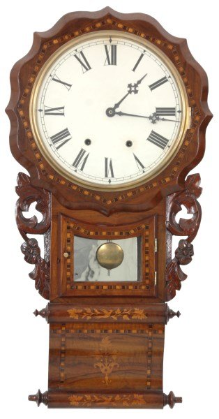 Inlaid Ansonia English Drop Wall Clock: Inlaid Ansonia English Drop Wall Clock. 12 in. replaced paper dial with large black Roman hour numerals, fancy pierced blued hands and hinged door bezel; pierced brass 8 day spring driven movement sig