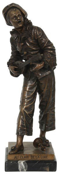 E. Bouret Bronze – Au Clair De La Lune: Eutrope Bouret (1833-1906, France) bronze sculpture of a musician dressed in costume, singing and playing a lute; titled "Au Clair De La Lune", In The Moonlight. Signed BouRet, has a nice medium brown