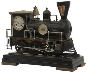 French Animated Locomotive Industrial Clock: French Animated Locomotive Industrial Clock. Excellent bronze case in the form of a steam locomotive on a black marble base with rails, has a stick thermometer on the front of the funnel and large 3 i