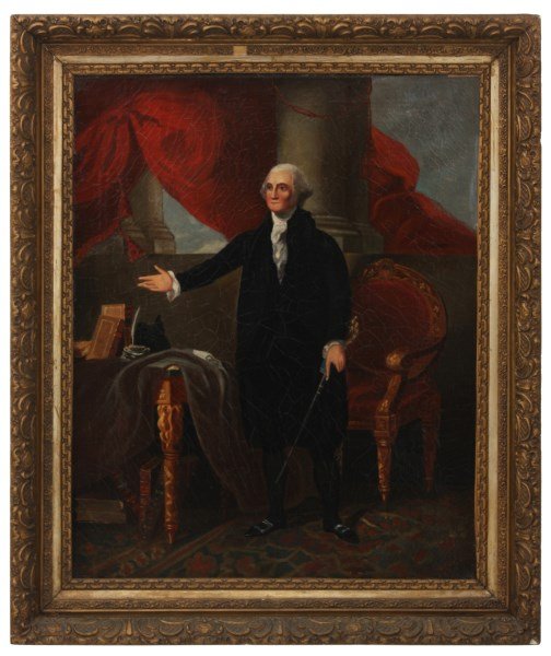 Attr: Gilbert Stuart O/C - The Munro-Lenox Portrai: Attr: Gilbert Charles Stuart (1755-1828, Massachusetts) oil on canvas George Washington, The Munro-Lenox Portrait. Interior scene standing portrait of George Washington beside a table and chair with h