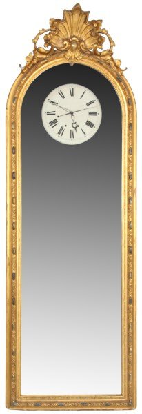 Unusual Lg. Gilt Carved 30 Day Mirror Clock: Unusual Lg. Gilt Carved 30 Day Mirror Clock. Large wall hanging case with gilt carved frame, seashell and pierced filigree crest and mirror with 14 in. aperture exposing the dial. 12.5 in. dial painte