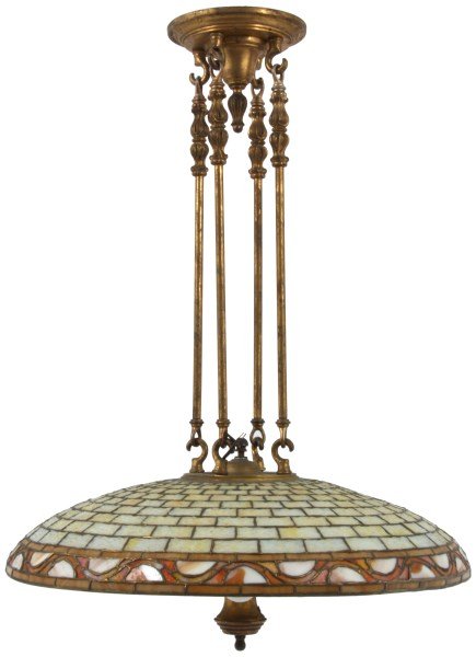 26 in. Duffner & Kimberly Chandelier: 26 in. Duffner & Kimberly Chandelier. 26 in. dia. domical shade has an opaque mottled staggered geometric brick pattern at the top and a 2.5 in. swirling lower border in caramel slag and pink glass wi