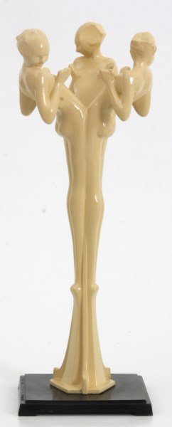 Frankart 3 Figure Deco Sculpture: Frankart 3 Figure Deco Sculpture. Cluster of 3 nude female figures standing face to face and hip to hip, leaning backwards; white enamel finish and stands on a square black base signed “Frankart Inc