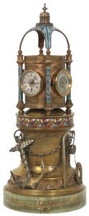 The Bollard - French Industrial Animated Clock: “The Bollard” French Industrial Animated Clock. Fancy brass case in the form of a nautical bollard post, wrapped with rope, has chain, anchor and block and tackle, on a green onyx base; the top po