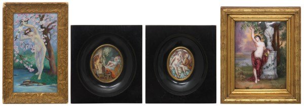 4 Pcs. Nude Plaques: 4 Pcs. Nude Plaques. 2 erotic nudes scenes painted on ivory, measuring 2 in. high x 1.5 in. wide and in ebonized frames. Nude oil on panel painting of a woman under an apple blossom tree by a pond, un