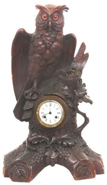 Lg. Black Forest Carved Owl Mantle Clock (1 of 10)
