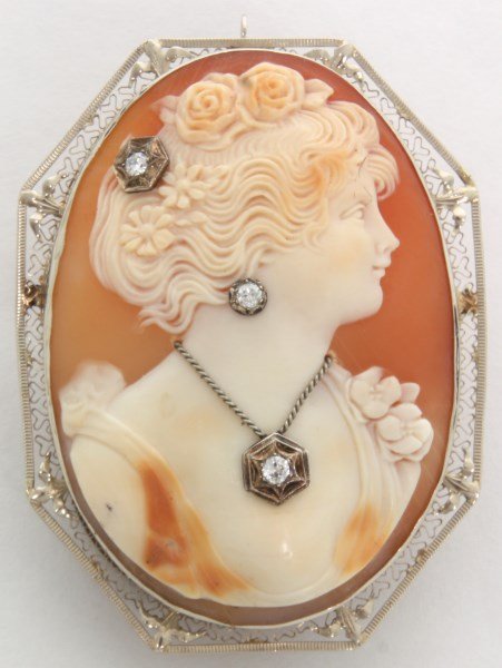 Lg. 14K White Gold & Diamond Cameo (1 of 7)