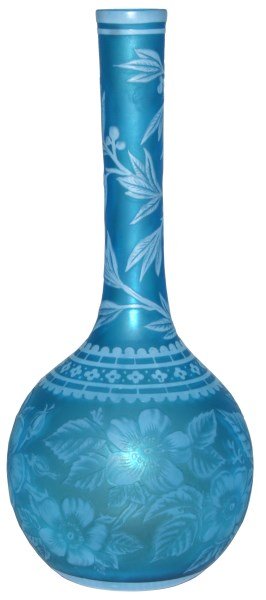 Attr. Webb Cameo Cut Glass Bud Vase: English Cameo Cut Glass Bud Vase. Unsigned, attr: Thomas Webb. Frosted blue glass body with opaque cut layer, has a spherical body and a long slender bottle neck; the body has large flowers with leave