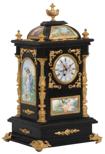 Ebonized Desk Clock With Enamel Plaques (1 of 10)