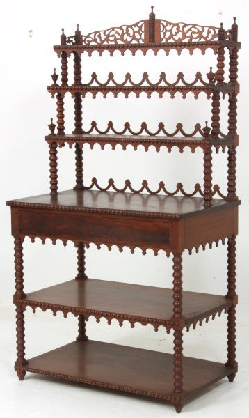 Gothic Mahogany 1 Dwr. Etegere: Gothic Mahogany 1 Dwr. Etegere. 3 shelf step back top with turned supports and finials, beaded front edge, wavy pierced carved back splashes, pierced carved gallery crest and carved drop crests under 