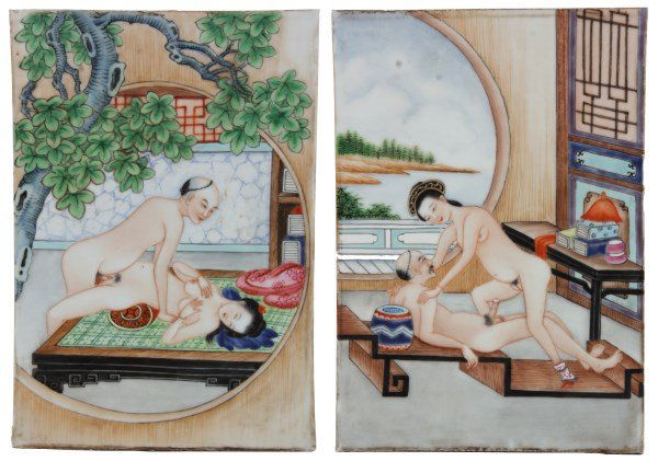 Pr. 19th Century Chinese Erotic Tiles: Pr. 19th Century Chinese Erotic Tiles. 2 hand painted tiles with erotic interior scenes of a nude Chinese man and woman engaged in coitus. In excellent condition with no damage or inpainting; signed o