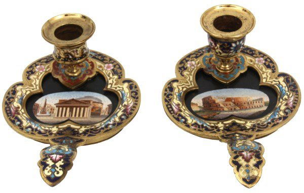 Pr. Gilt Brass & Champleve Chamber Sticks (1 of 10)