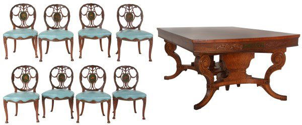 9 Pc. Satinwood Dining Room Set: 9 Pc. Satinwood Dining Room Set. Table has bowed ends and 5 skirted leaves measuring 11 in. long, double pedestal base with 3 legs on each pedestal, carved scroll work and 2 leg center support. With 8