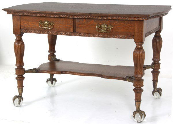 Oak 2 Drawer Claw Foot Library Table (1 of 10)