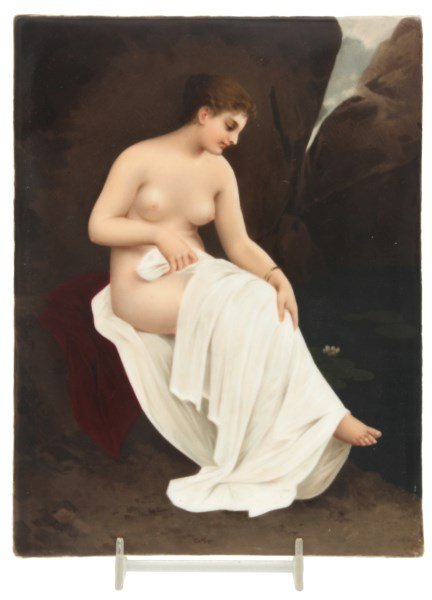 KPM Porcelain Plaque Bathing Nude: KPM Porcelain Plaque Bathing Nude. Hand painted seated figure of a nude bather drying off with a white garment beside a pond. In nice condition with no scratches, repairs or inpainting; signed with KP