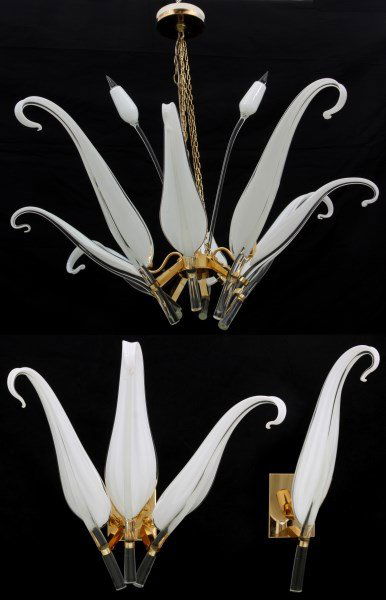 3 Franco Luce Murano Leaf Light Fixtures: 3 Franco Luce Murano Leaf Light Fixtures. c.1970s. Beautiful 8 leaf brass chandelier with hand blown clear and opalescent Murano iris leaf shades and long cattails. Triple light brass sconce with 3 ha
