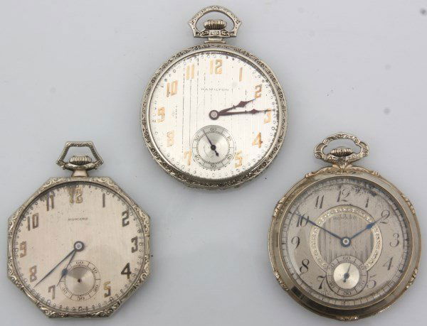 3 American Open Faced White Gold Pocket Watches: 3 American Open Faced White Gold Deco Pocket Watches 1) E. Howard 21j 10s adj. to 5 position # 6424 with dial loose and no second hand in case, feet missing and not running in eight sided 14K Keystone
