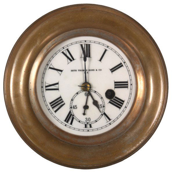 Seth Thomas Chronometer Lever Wall Clock: Seth Thomas Chronometer Lever Wall Clock. Unusual 3.5 in. porcelain dial signed “Seth Thomas Sons & Co., NY”, has black Roman hour numerals, sub seconds dial and blued spade hands; round brass 8 d