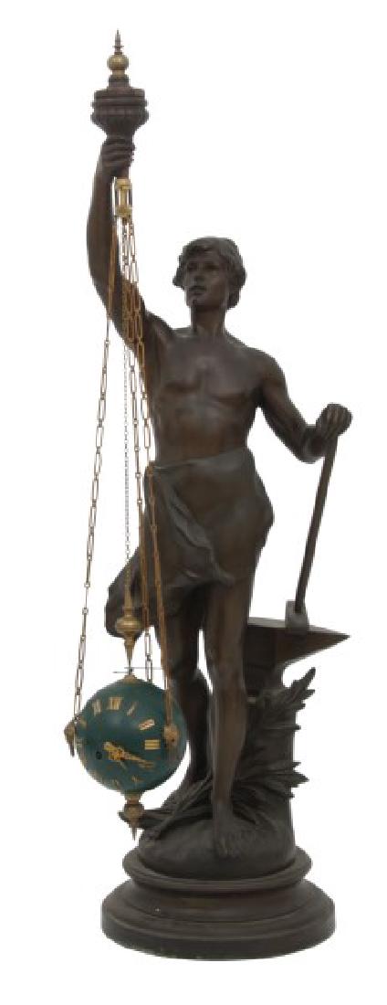 Monumental French Figural Conical Mystery Clock: Monumental 54 in. French Figural Conical Pendulum Mystery Clock, Large spelter sculpture of an iron worker tilted “Le Travail” after Charles Perron, depicts a standing figure of a man balancing a
