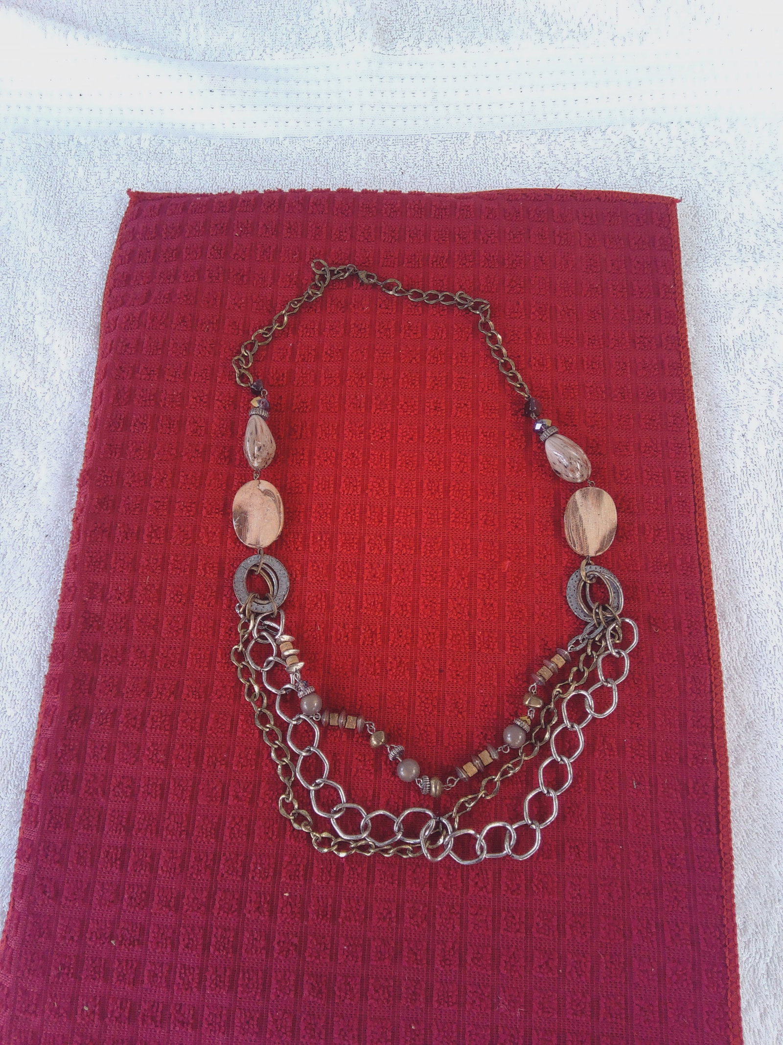 Jill's Coins and Collectibles: This is a Beautiful Vintage Multi Strand BoHo Chick Style Necklace. Featuring a mix of metals chains and Multi colored Polished Stones.