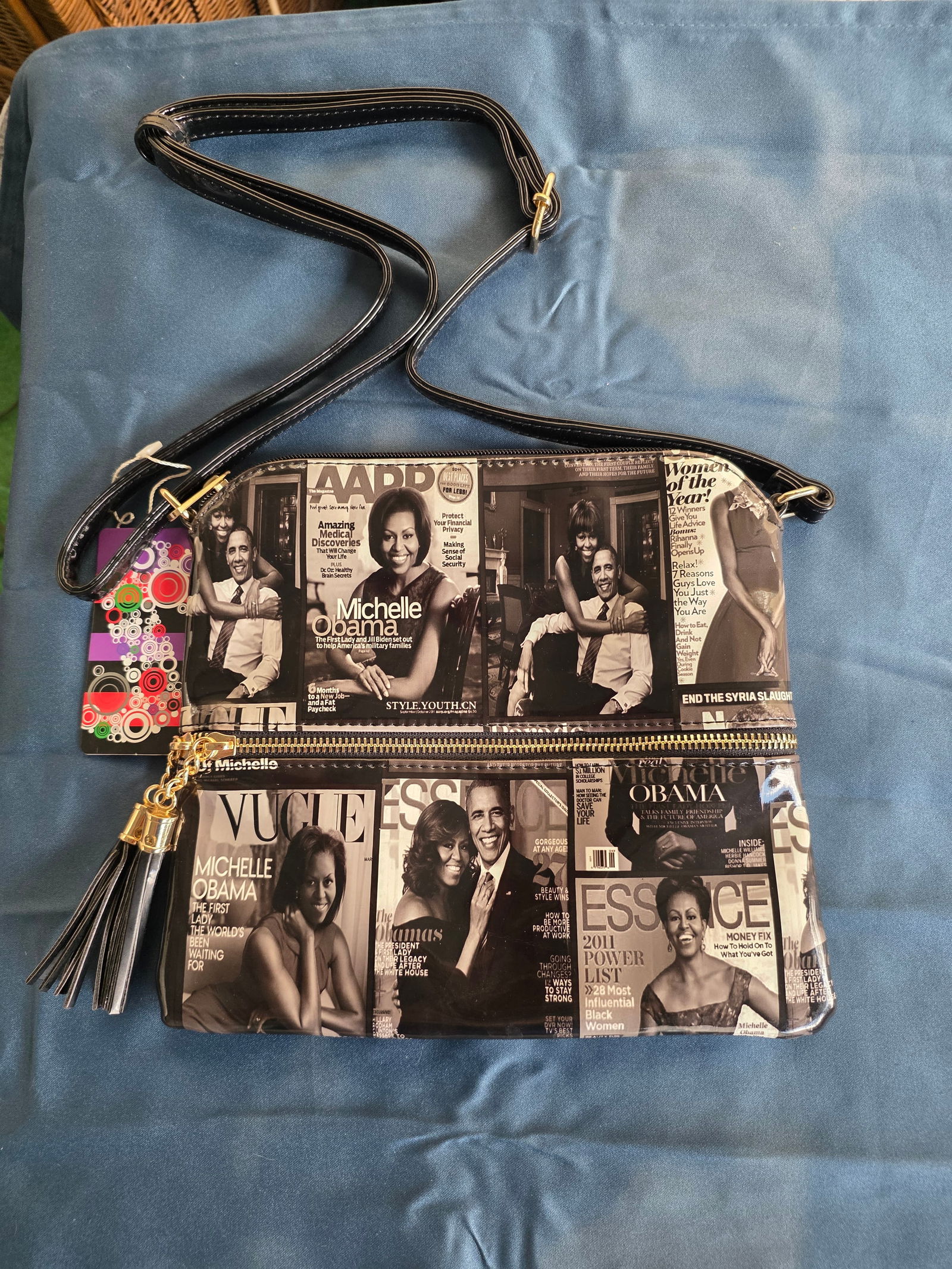 Jill's Coins and Collectibles: This Black and White, Michelle Obama Magazine Cover Collage Purse. Featuring a print of various magazine covers depicting both Michelle and Barack Obama. These types of are typically crafted from Vega