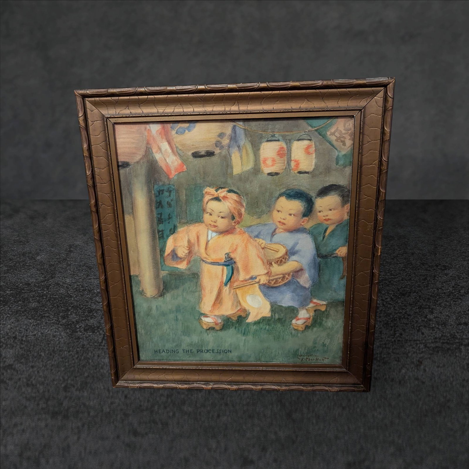 Esther Hunt 1911 Watercolor â€˜Heading the Processionâ€™ in Turn of the Century Bronze-Colored Frame (1 of 4)