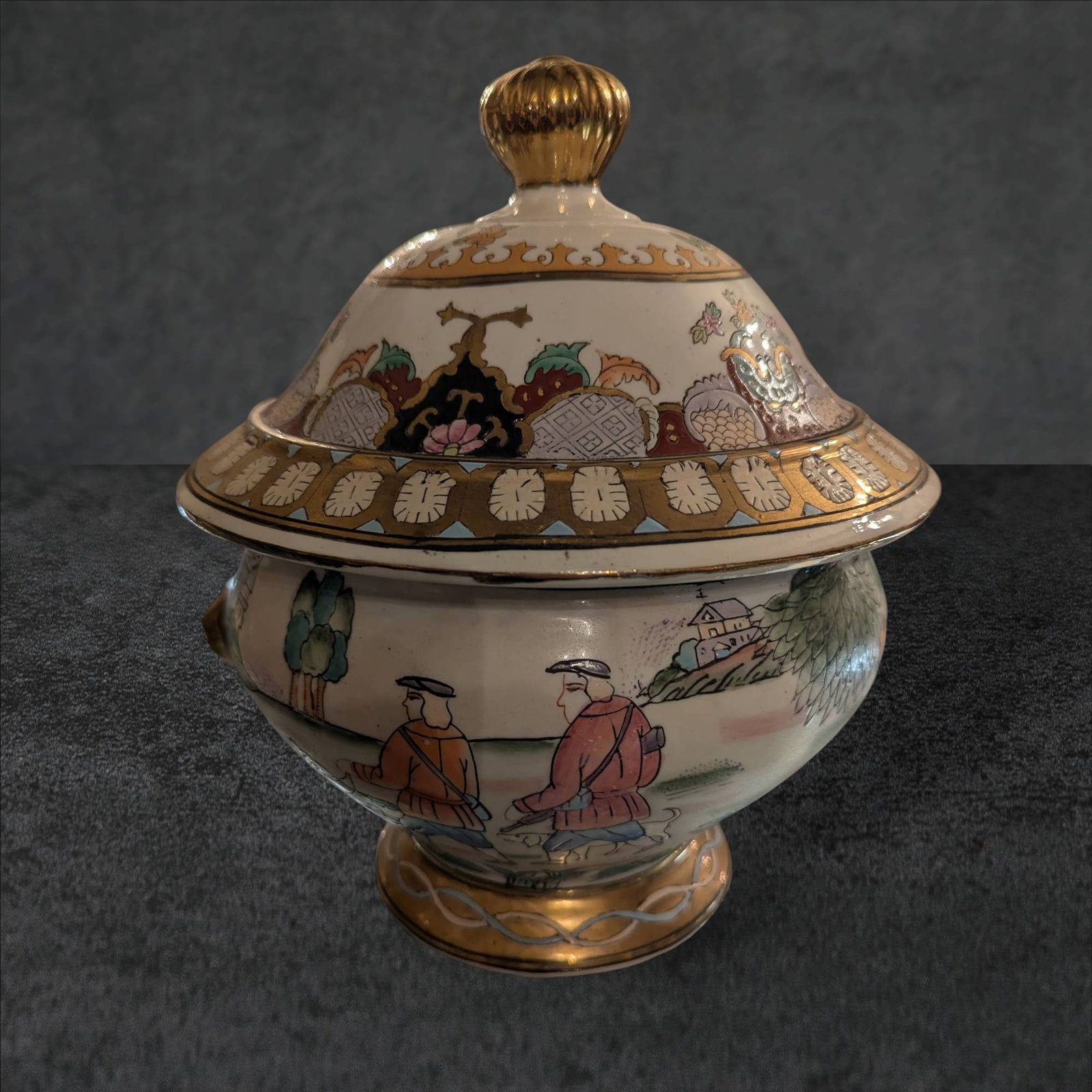 Lidded Porcelain Tureen with Hand-Painted Scenic Motifs and Gilt Accents (1 of 4)