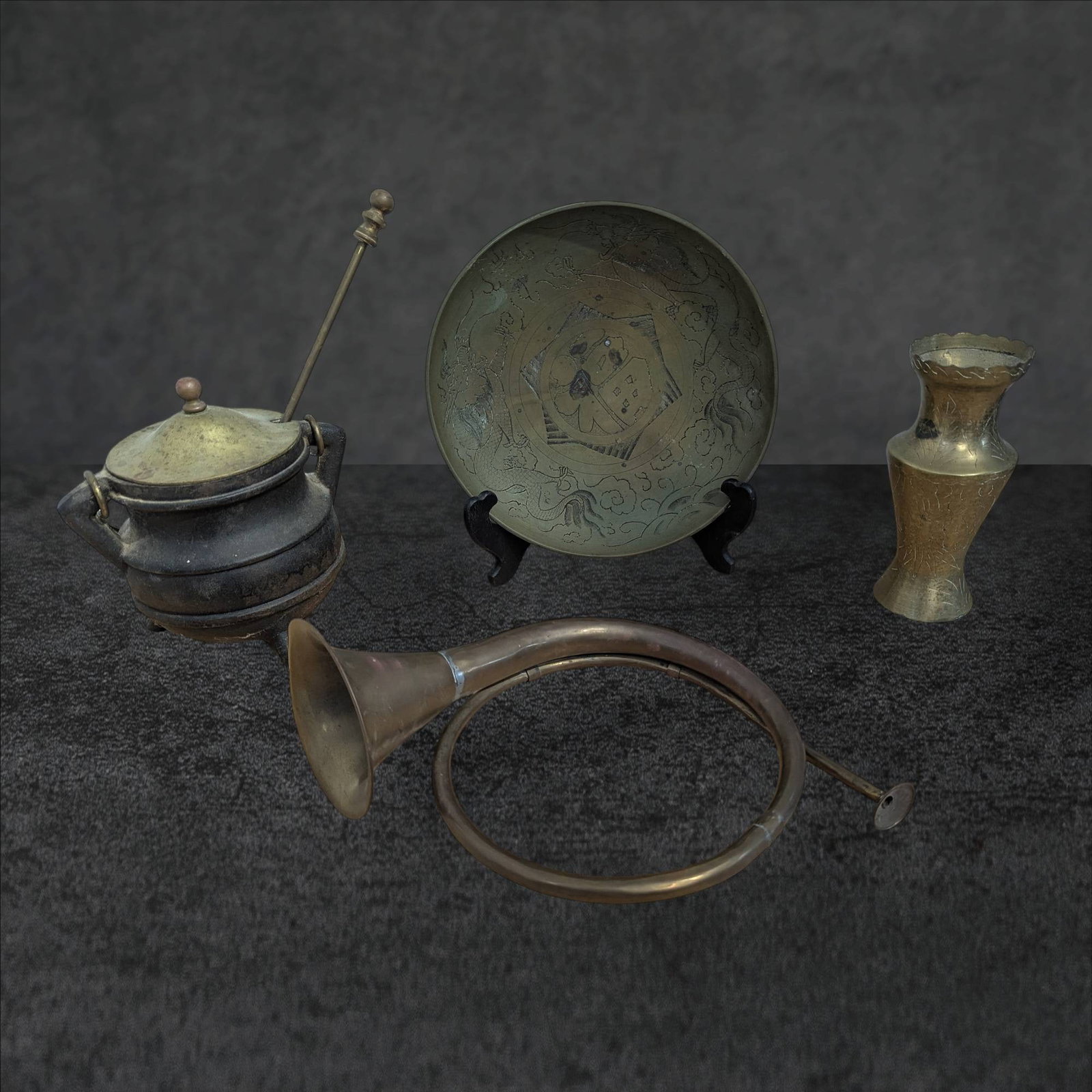 Brass Lot Featuring 11-Inch Plate, Horn, Smudge Pot, and Vase (1 of 6)