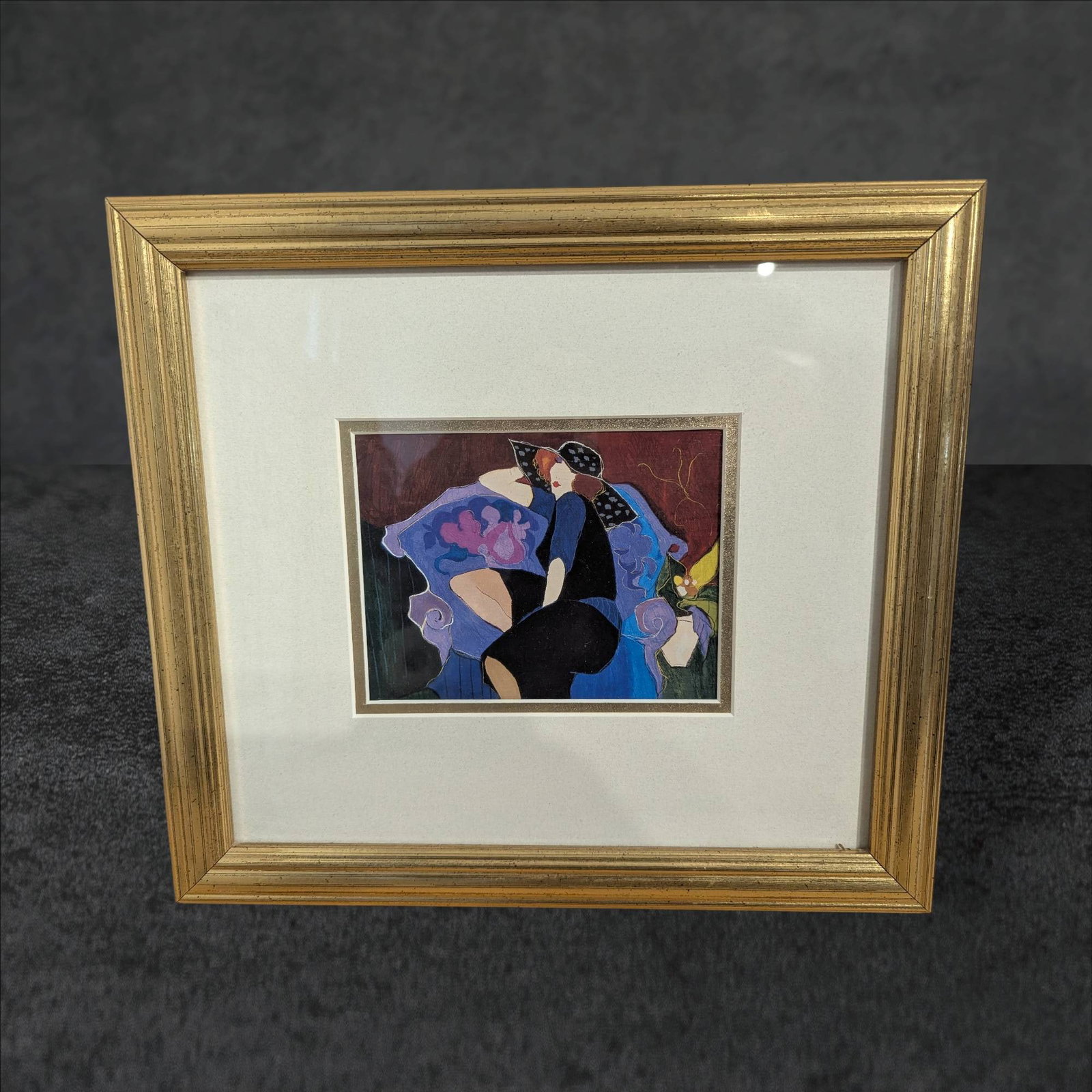 Framed Abstract Artwork by Unknown Artist, 14 1/2 in x 13 in: A framed abstract artwork attributed to an unknown artist. The piece, housed in a gold-tone wooden frame, measures approximately 14 1/2 inches by 13 inches, including the frame. The abstract compositi