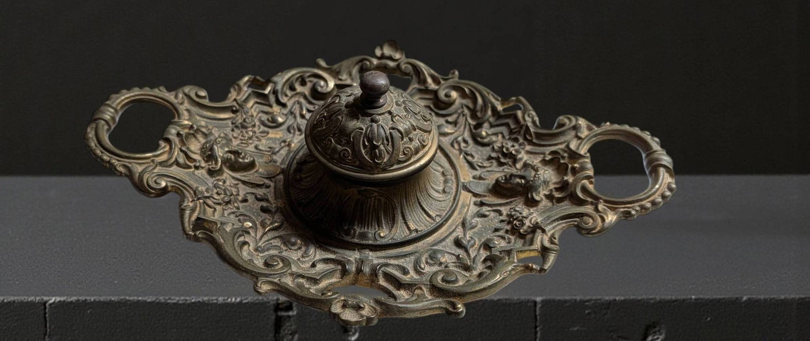 Ornate Brass Inkwell with Glass Insert, 10 x 7 Inches (1 of 6)