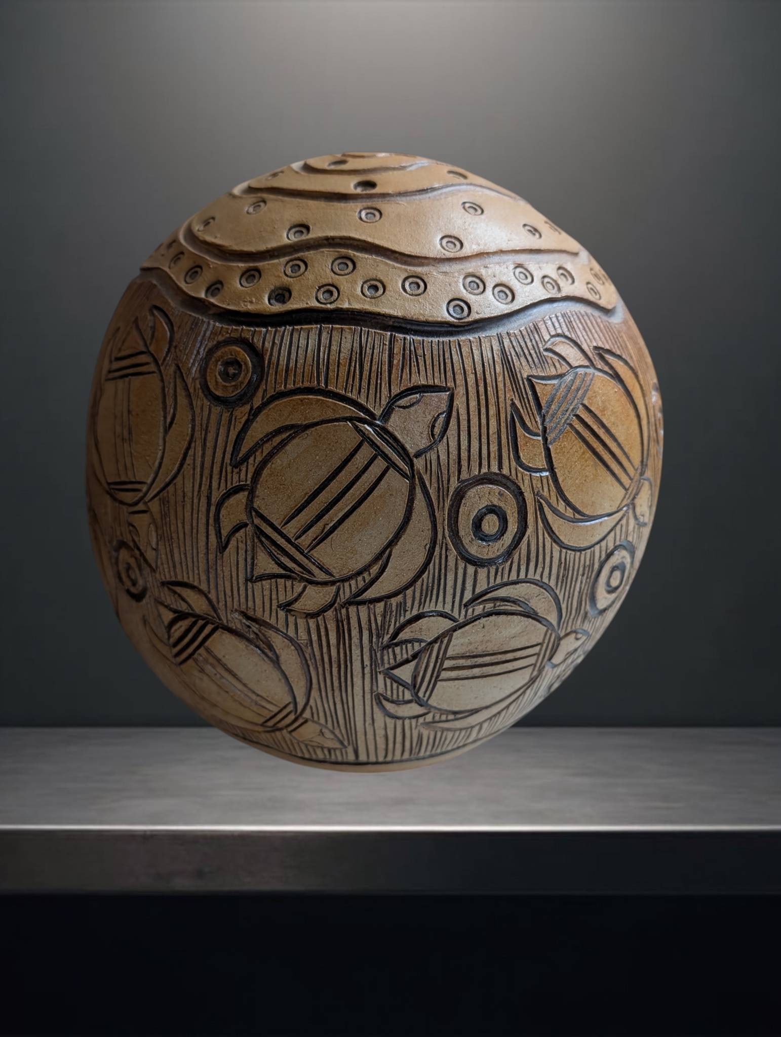 Large Clay Spherical Rattle with Turtle Motif, Signed â€˜Usher,â€™ 9-Inch Diameter (1 of 5)