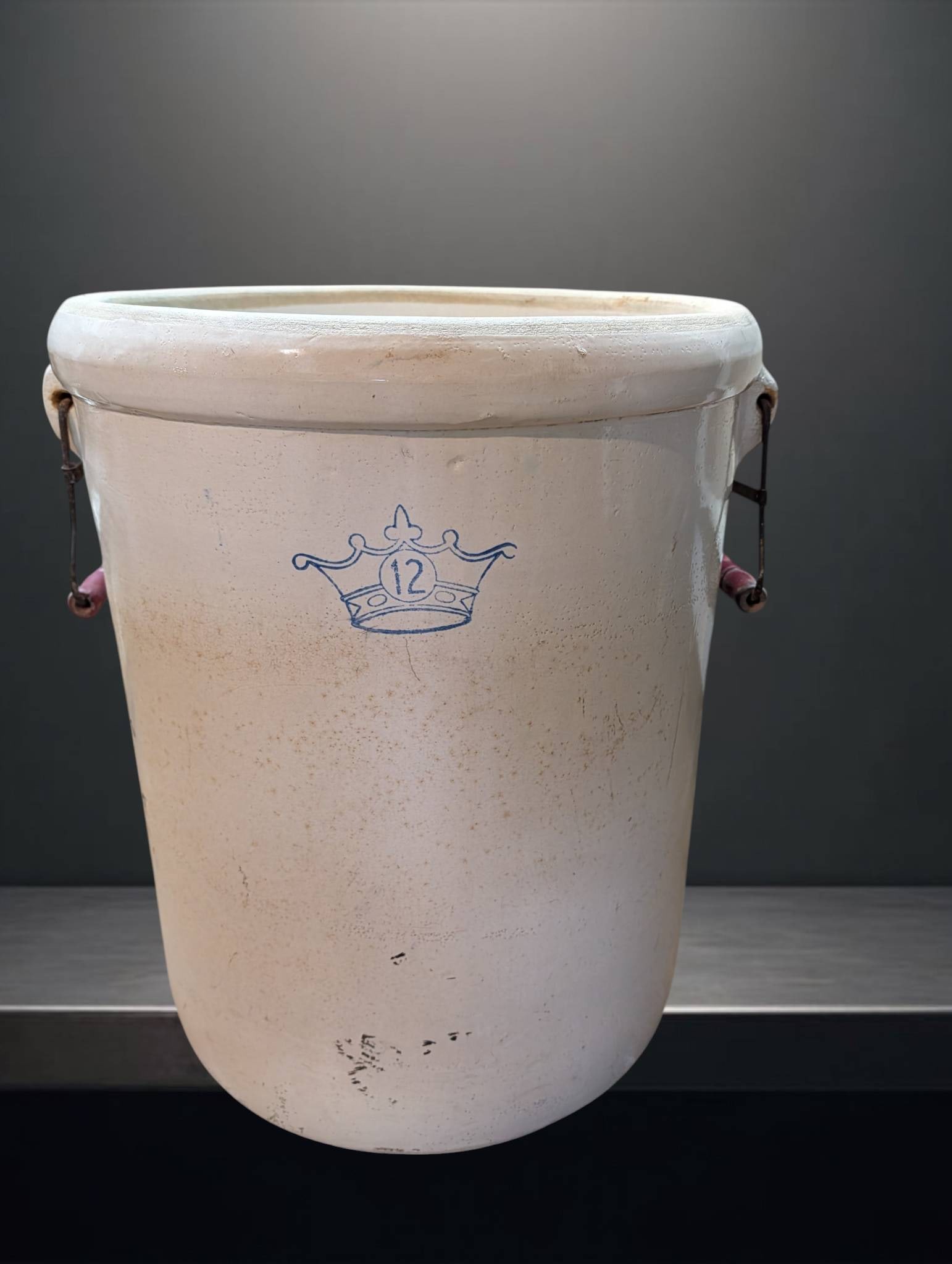 Stoneware 12-Gallon Crock with Crown Motif and Drop Handles (1 of 4)