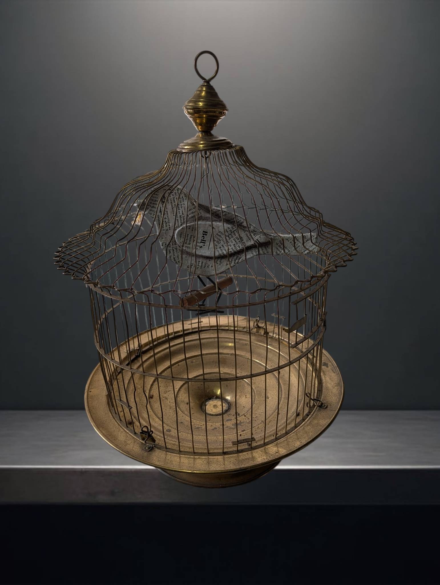 Mid-Century Brass-Toned Bird Cage with Pop Art Newspaper Print Bird (1 of 5)