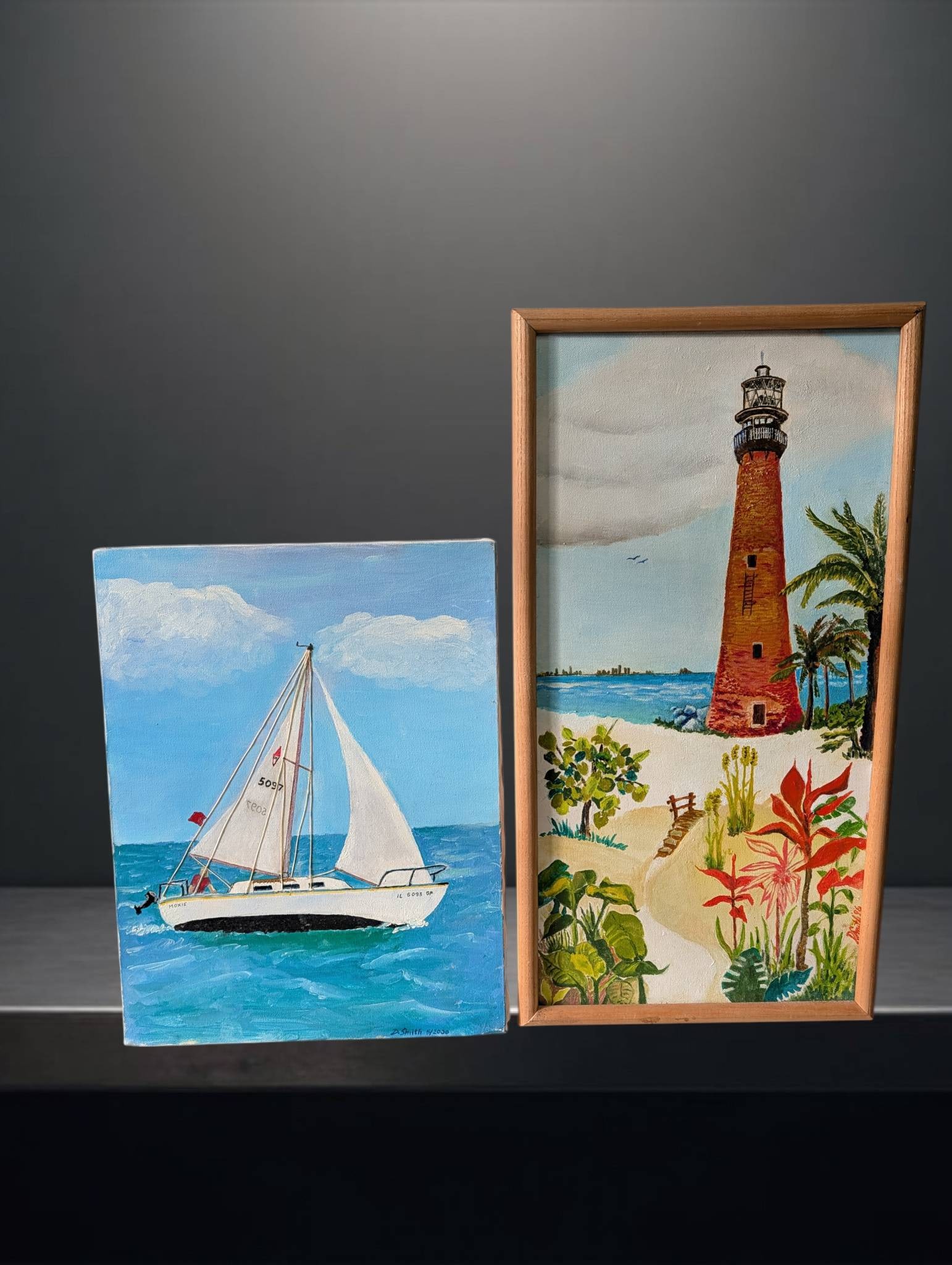 Two Nautical Themed Oil on Canvas Paintings by D. Smith, 1996 and 2000: Two oil on canvas paintings by artist D. Smith. The first, depicting a sailboat on calm waters, is signed and dated May 2000. The second, featuring a lighthouse surrounded by lush foliage, is signed a