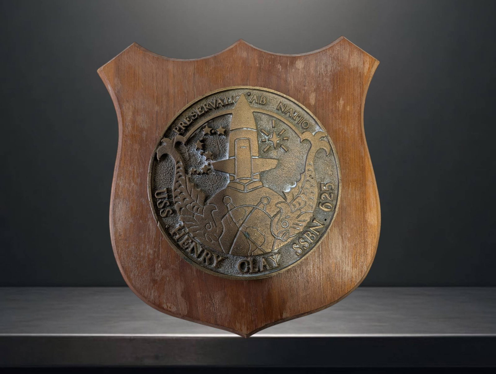 Bronze USS Henry Clay SSBN 62 Submarine Placard on Wooden Shield Mount (1 of 2)