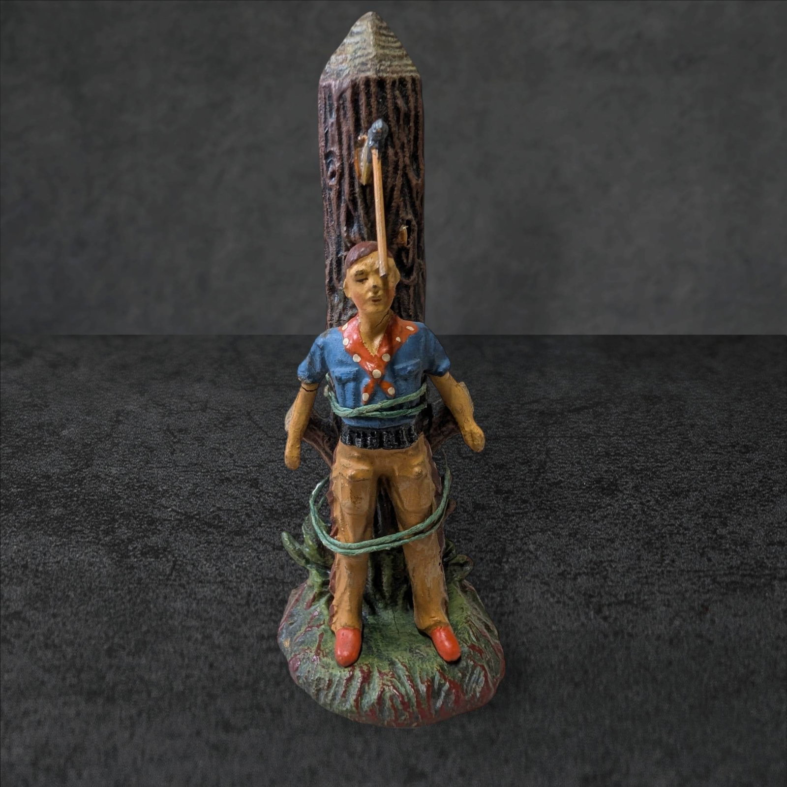 Elastolin Composition Figure of Cowboy Tied to Post, 4 3/4 in Tall (1 of 4)