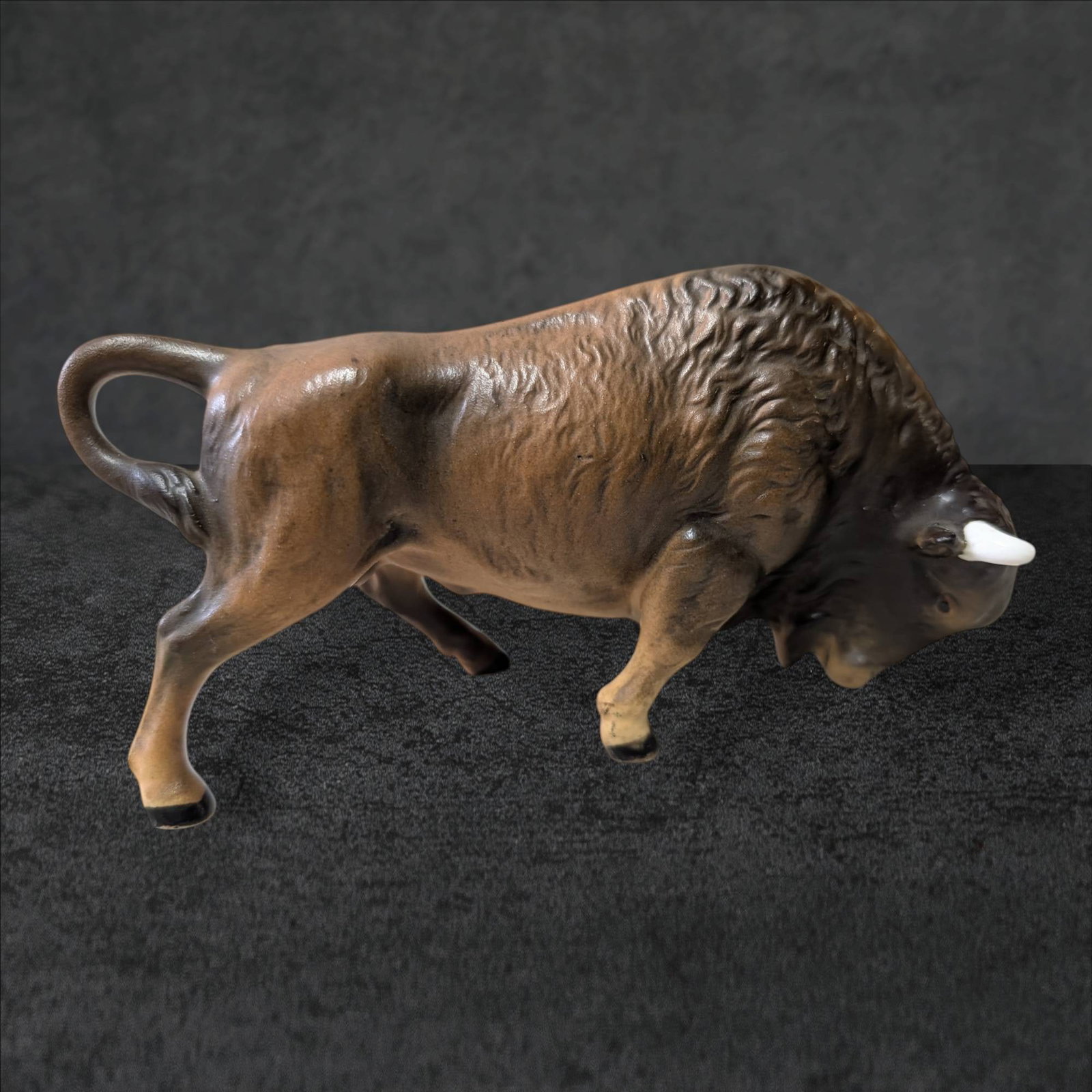 6-Inch Ceramic Enterprise Exclusive Bull Figurine, Toronto, Canada: Brown and black ceramic bull figurine measuring 6 inches in length, crafted by Enterprise Exclusive, Toronto, Canada. Features detailed sculpting and hand-painted accents, with marked branding and lab