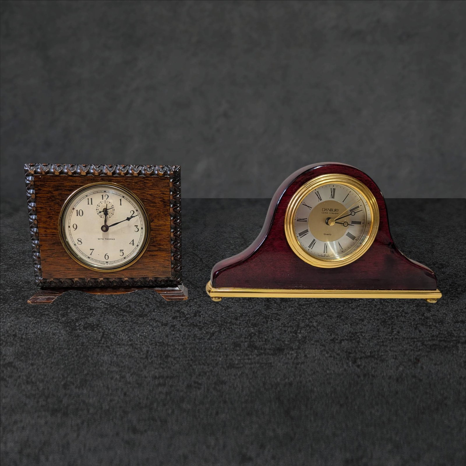 Seth Thomas Wooden Mantle Clock and Danbury Tambour Clock, 1940s (1 of 7)