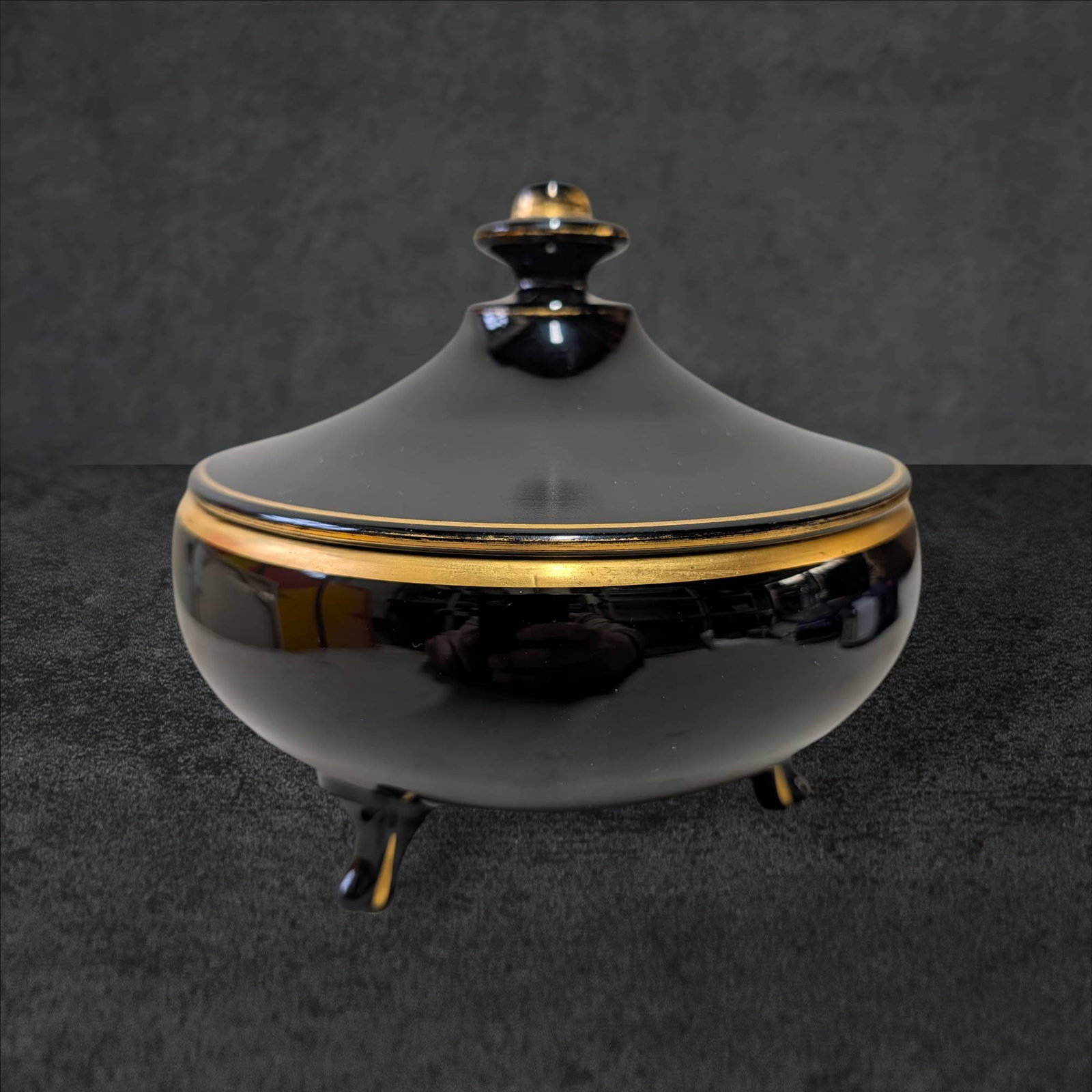 Footed Amethyst Glass Candy Dish with Gold Painted Accents and Lid (1 of 6)