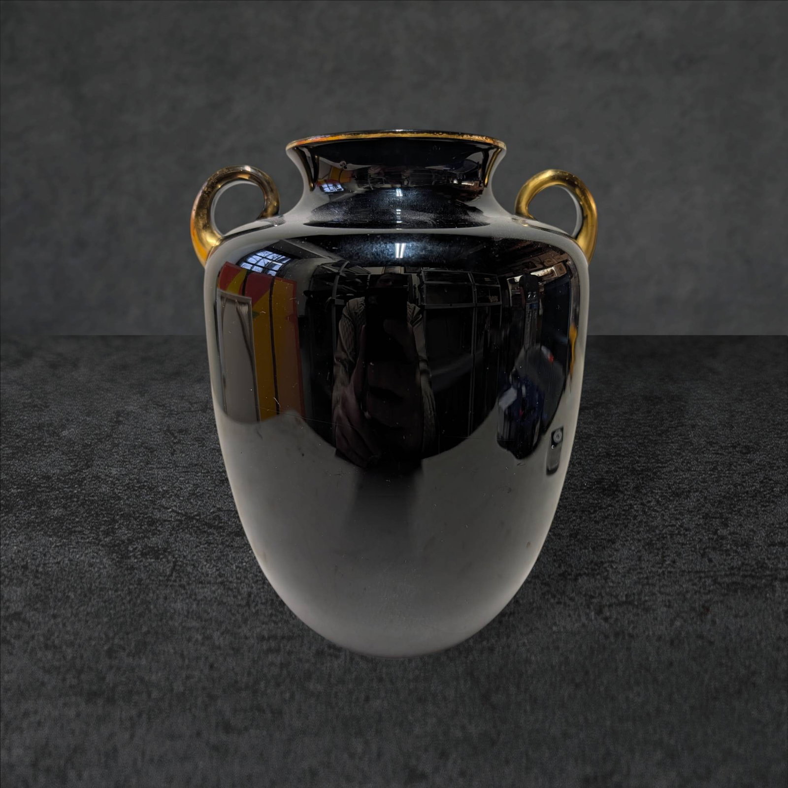 Black Ceramic Vase with Gold Tone Handles, 8.5 in Tall (1 of 4)
