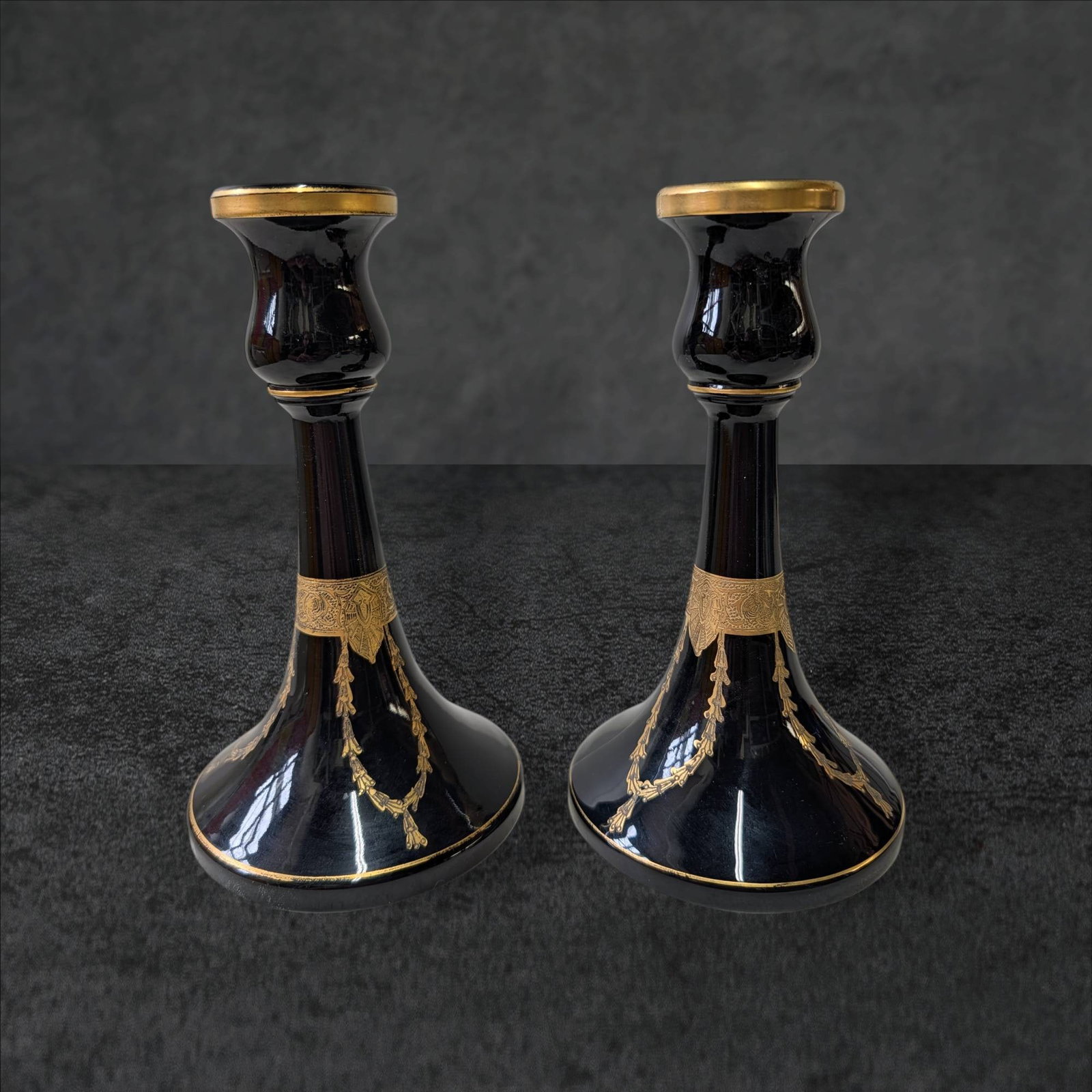 Black Amethyst Glass Candlesticks with Gold Accents, 7 1/4 Inches Tall (1 of 5)