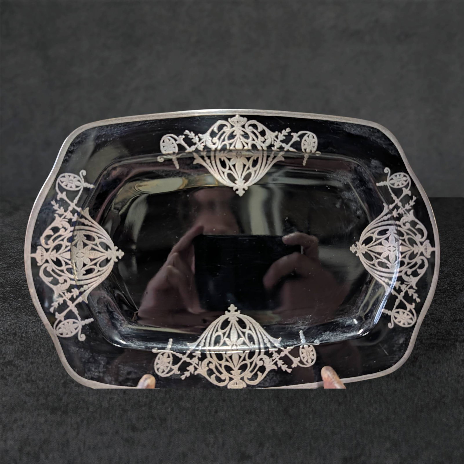Black Amethyst Glass Tray with Silver Overlay, 12 x 8 Inches (1 of 3)