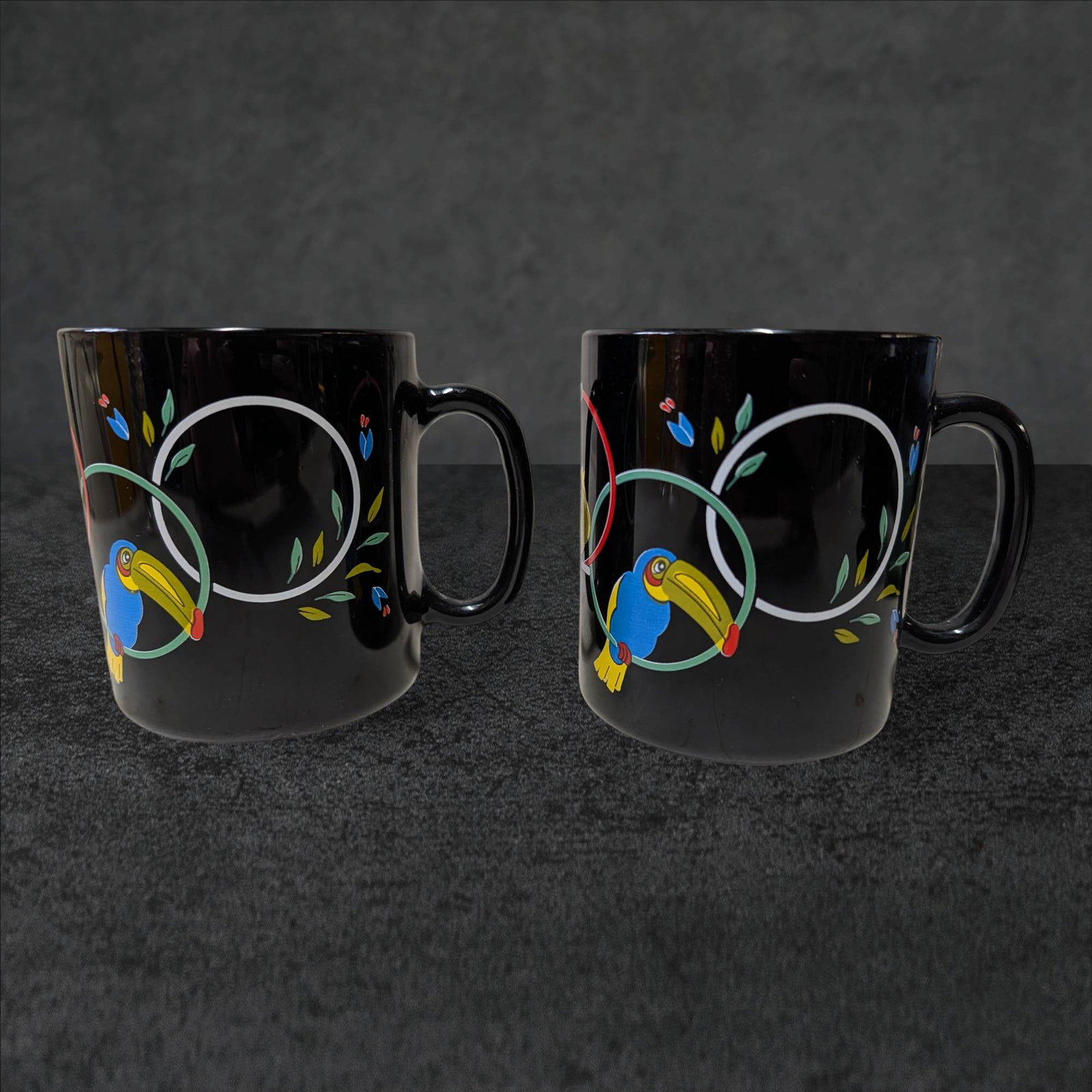 Amethyst Glass Coffee Mugs with Tropical Bird Design, Marked France (1 of 3)