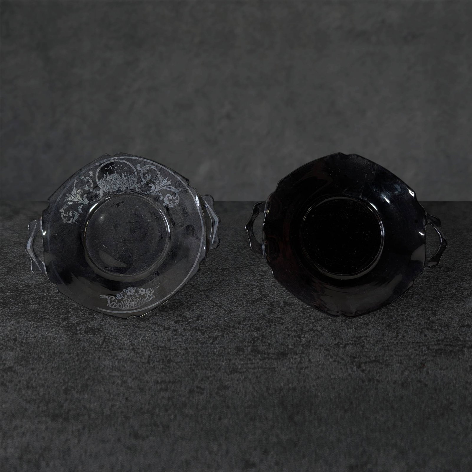 Black Amethyst Glass Plates, One with Silver Overlay Cottage Scene (8 1/2 in.) (1 of 6)