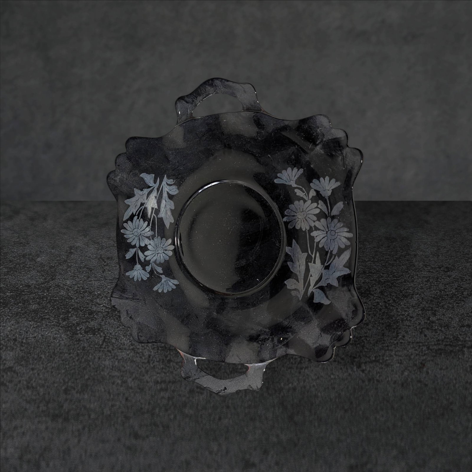 Black Amethyst Glass Serving Plate with Silver Floral Overlay, 11 Inches (1 of 2)